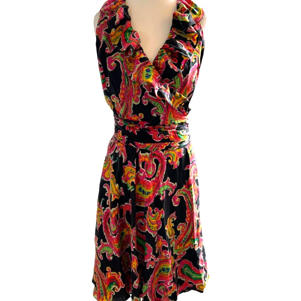 VTG 90s Ralph Lauren 100% Silk Dress wrap floral ruffles tropical resort boho 6